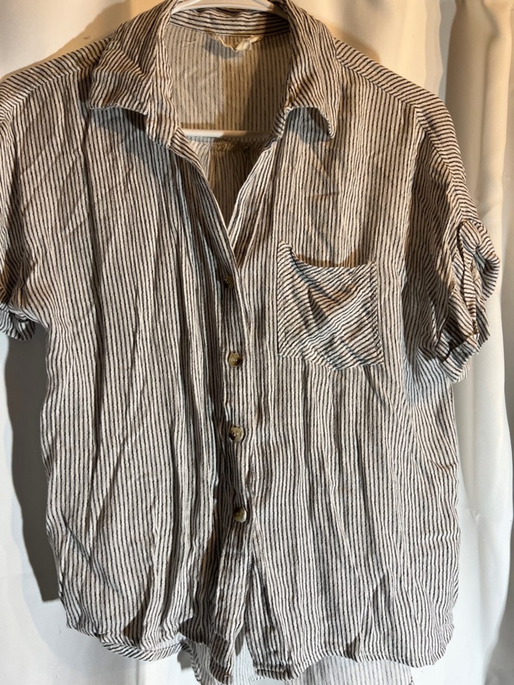 Women’s Short-Sleeve Striped Button-Down Shirt in Beige and Black
